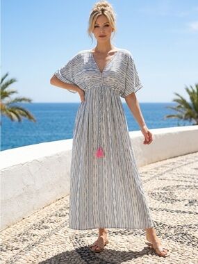Cost Plus World Market Blue and White Maxi Dress with Pink Tassel